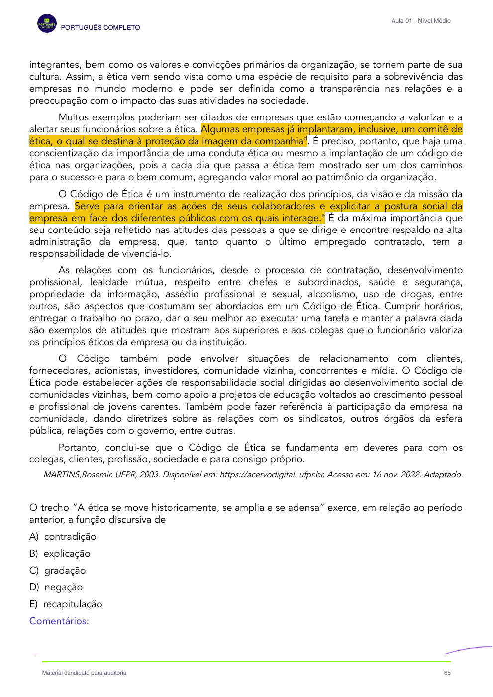 Página 65 — Continuação do texto, questão e alternativas