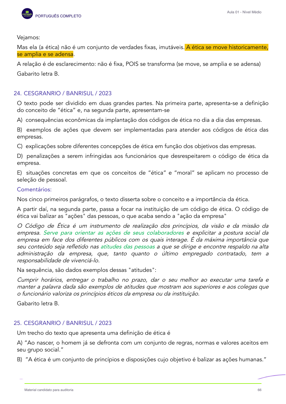 Página 66 — Comentário da questão 23 no início da página