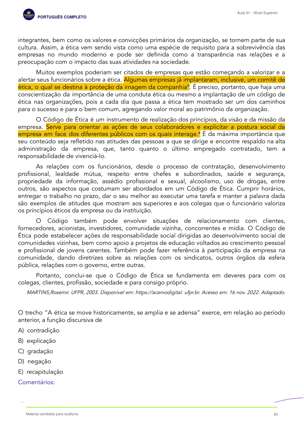 Página 65 — Continuação do texto, questão e alternativas
