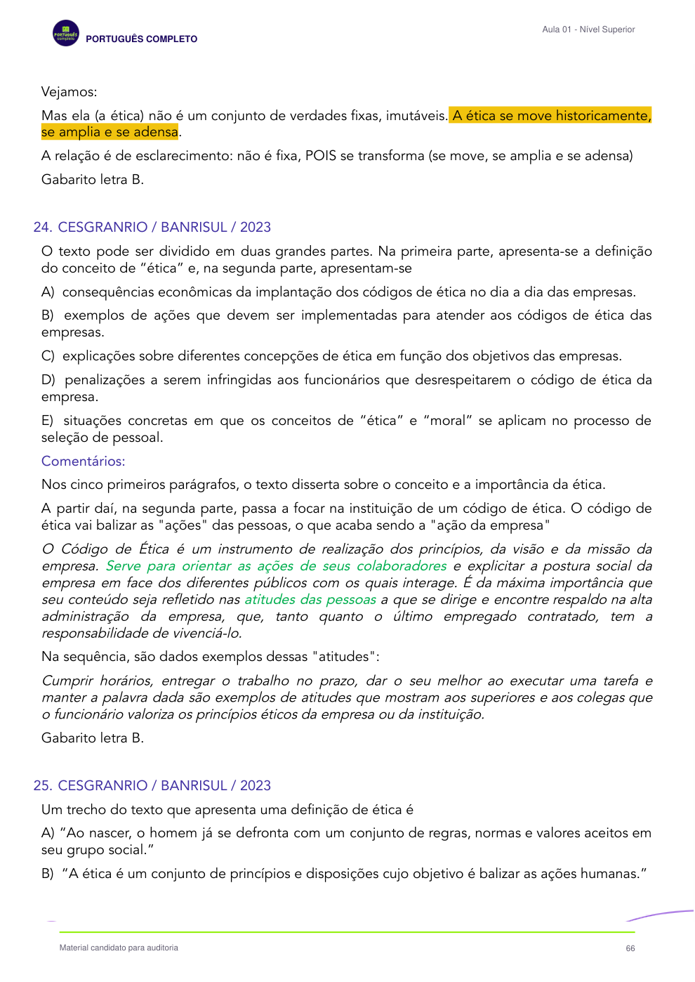 Página 66 — Comentário da questão 23 no início da página